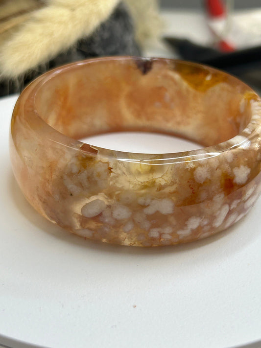 Sakura Bangle Small 54.3mm/6.75"in Cherry Blossom Madagascar Agate Crystal Quartz Gemstone Healing Chakra (White, Pink, Light Red, Yellow)