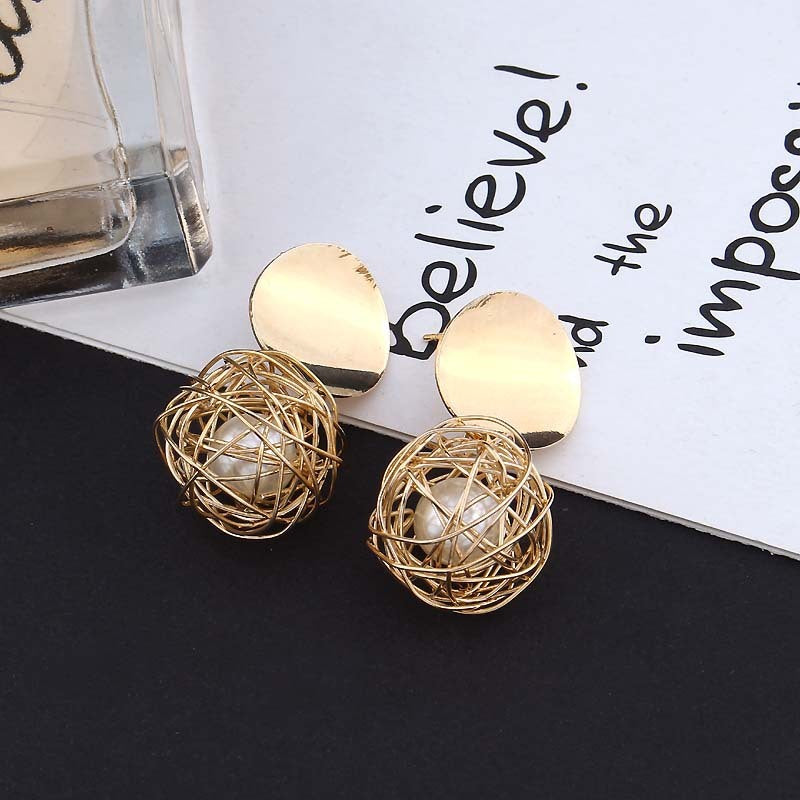 Vintage Geometric Pearl Earrings – Woven Ball Studs, 4.5CM Drop, Stainless Steel