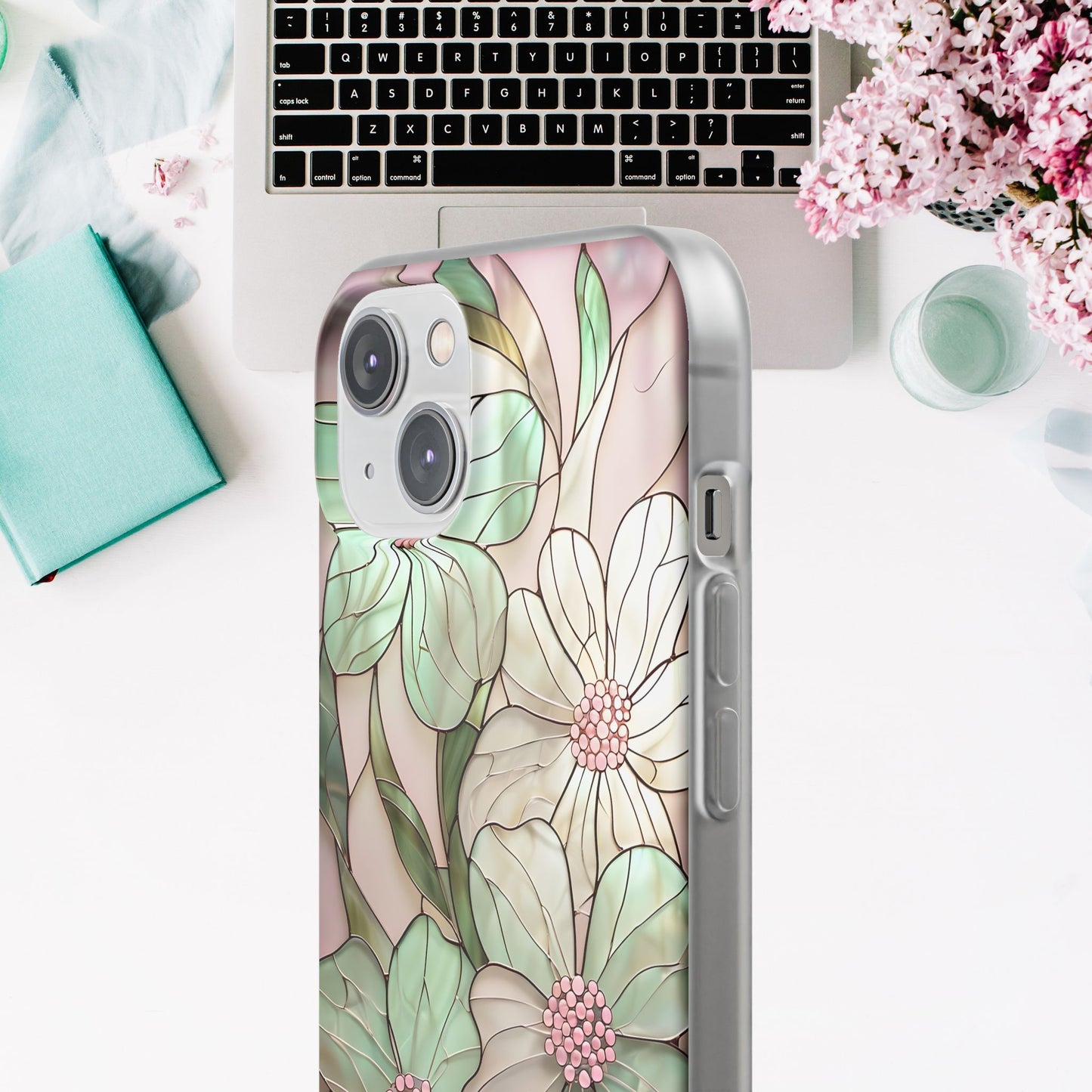 Flexi Cases, Phone Cover with Mosaic Flower in Pink and light green, Floral Phone Case, Flexible Phone Case, Flower Pattern Phone Cover,