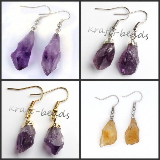 Natural Crystal Rough Stone Copper Earrings - Amethyst & Citrine Drop Earrings