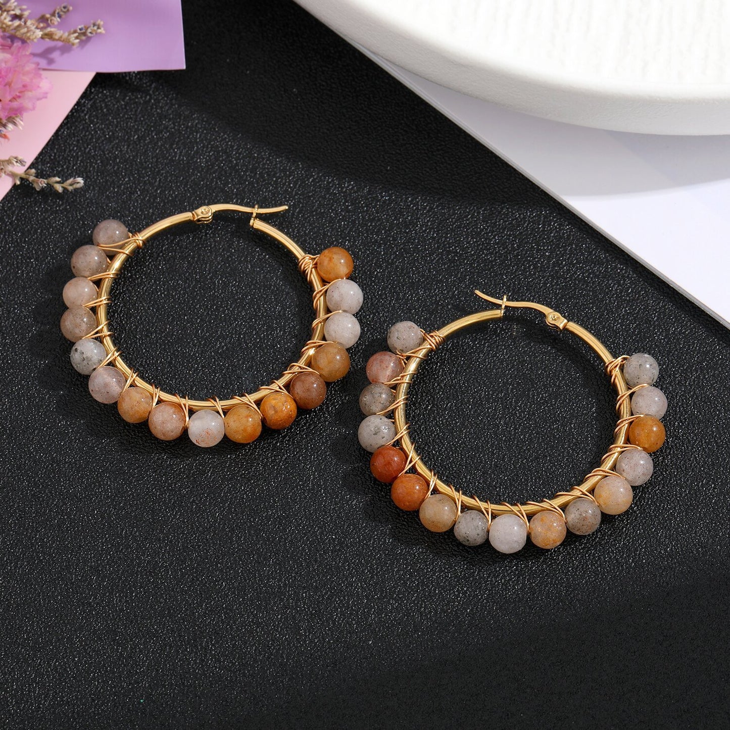 Natural Stone Stainless Steel Winding Earrings