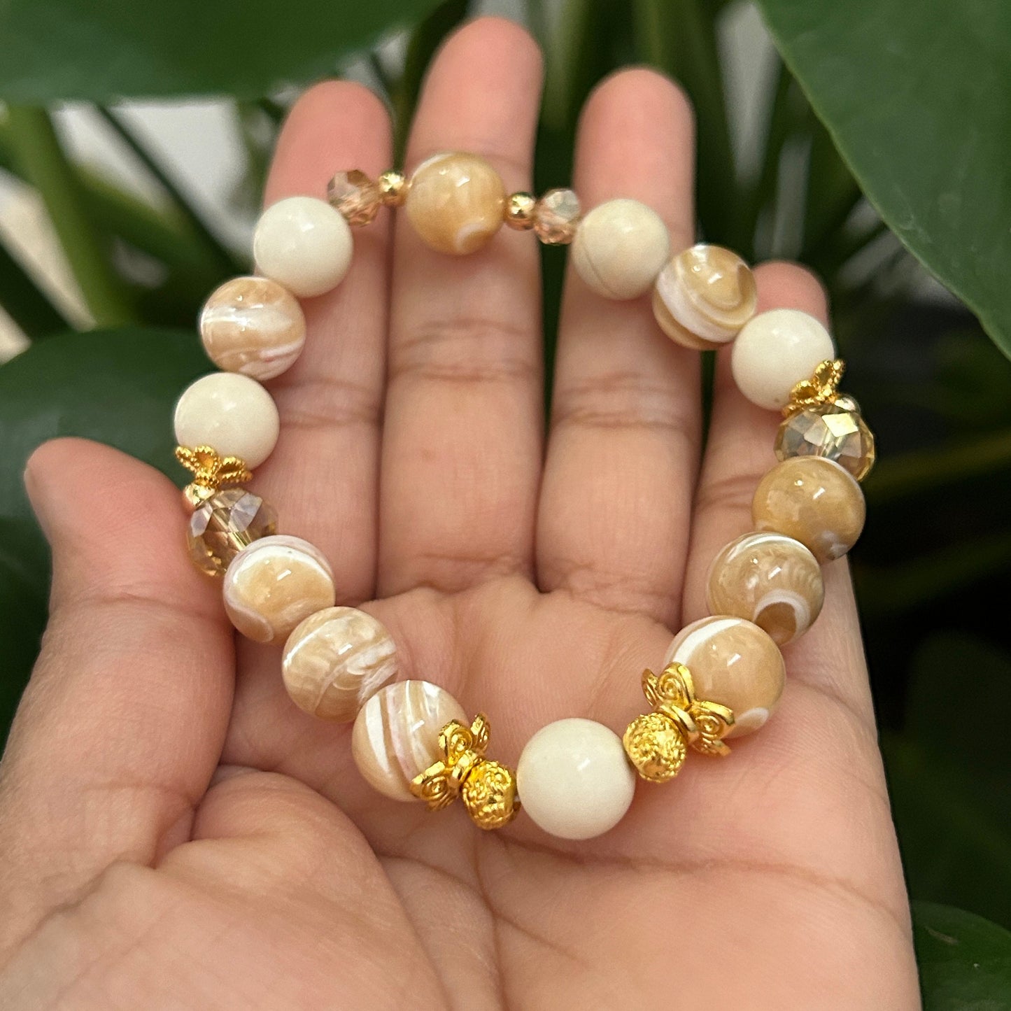 Handmade Mother of Pearl and Ivory Jade Bracelet - 10mm Natural Crystal Beads - Healing Jewelry - Perfect Gift for Her - Spiritual Balance