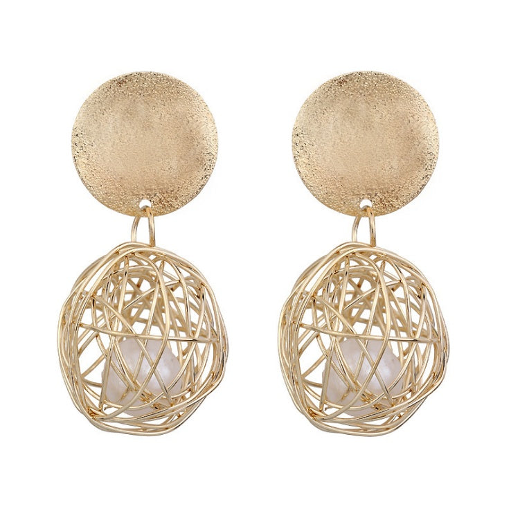 Vintage Geometric Pearl Earrings – Woven Ball Studs, 4.5CM Drop, Stainless Steel