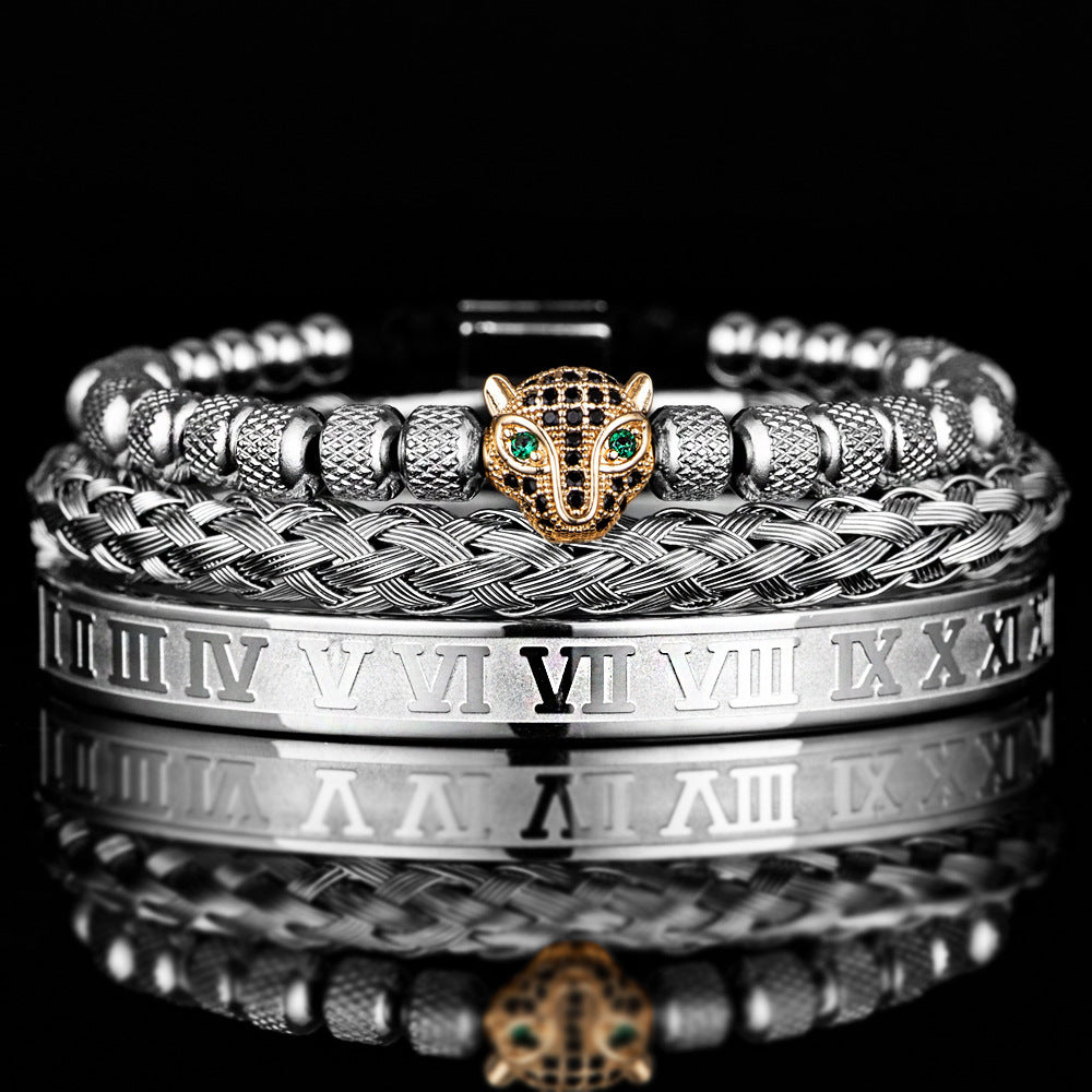 Leopard Head Statement Bracelet – Pineapple Mesh, Pearl Detail, Roman Inspired Design