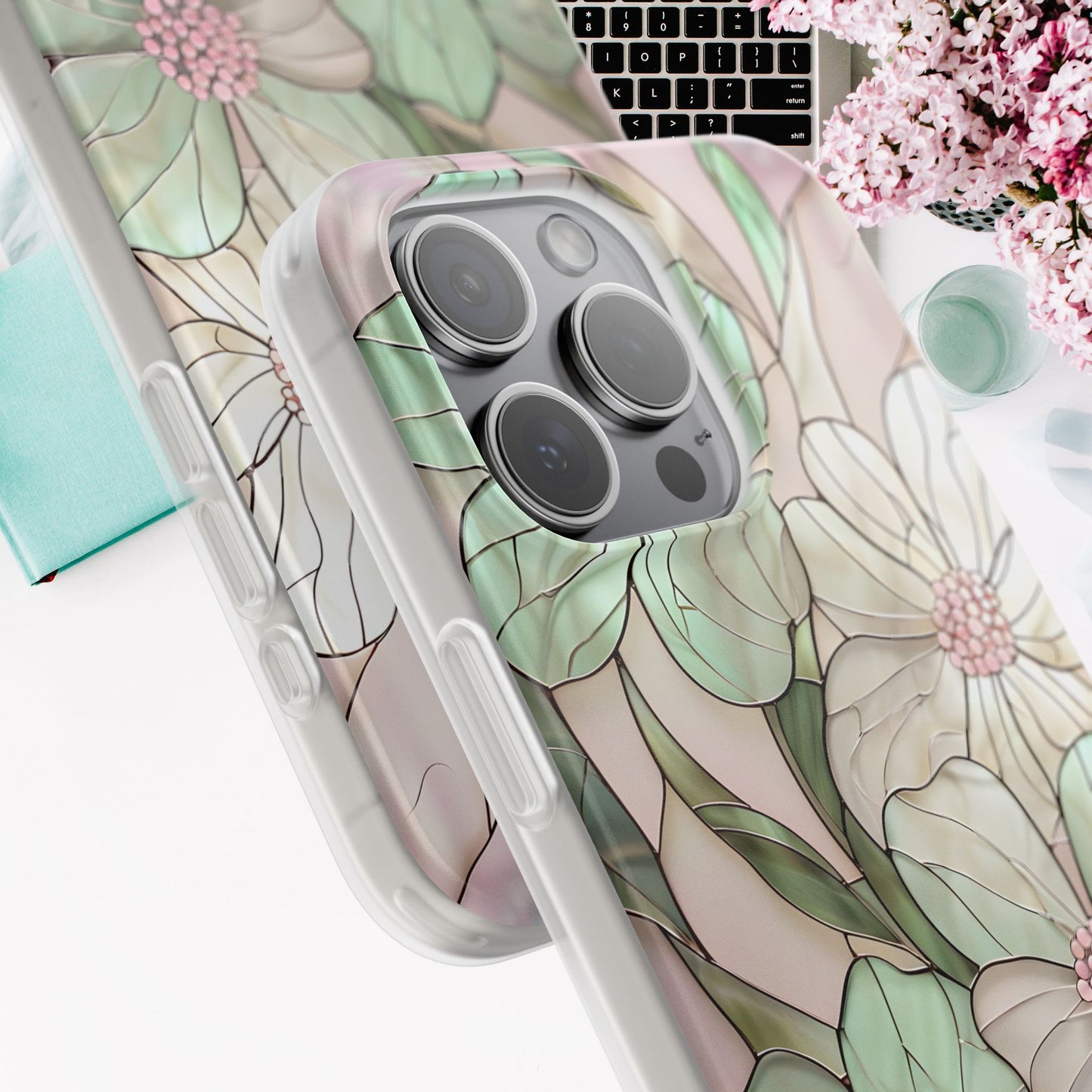 Flexi Cases, Phone Cover with Mosaic Flower in Pink and light green, Floral Phone Case, Flexible Phone Case, Flower Pattern Phone Cover,