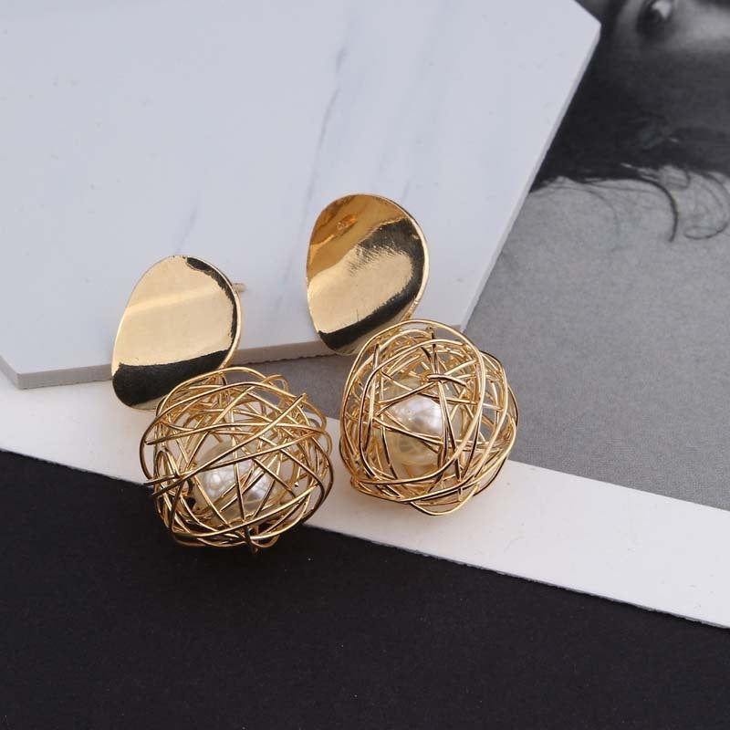 Vintage Geometric Pearl Earrings – Woven Ball Studs, 4.5CM Drop, Stainless Steel