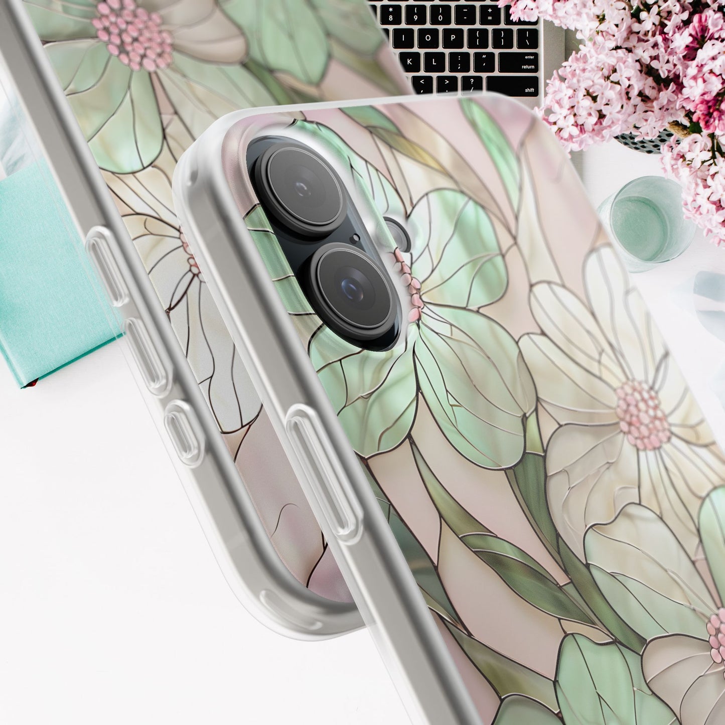 Flexi Cases, Phone Cover with Mosaic Flower in Pink and light green, Floral Phone Case, Flexible Phone Case, Flower Pattern Phone Cover,