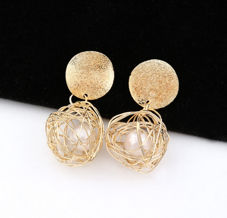 Vintage Geometric Pearl Earrings – Woven Ball Studs, 4.5CM Drop, Stainless Steel