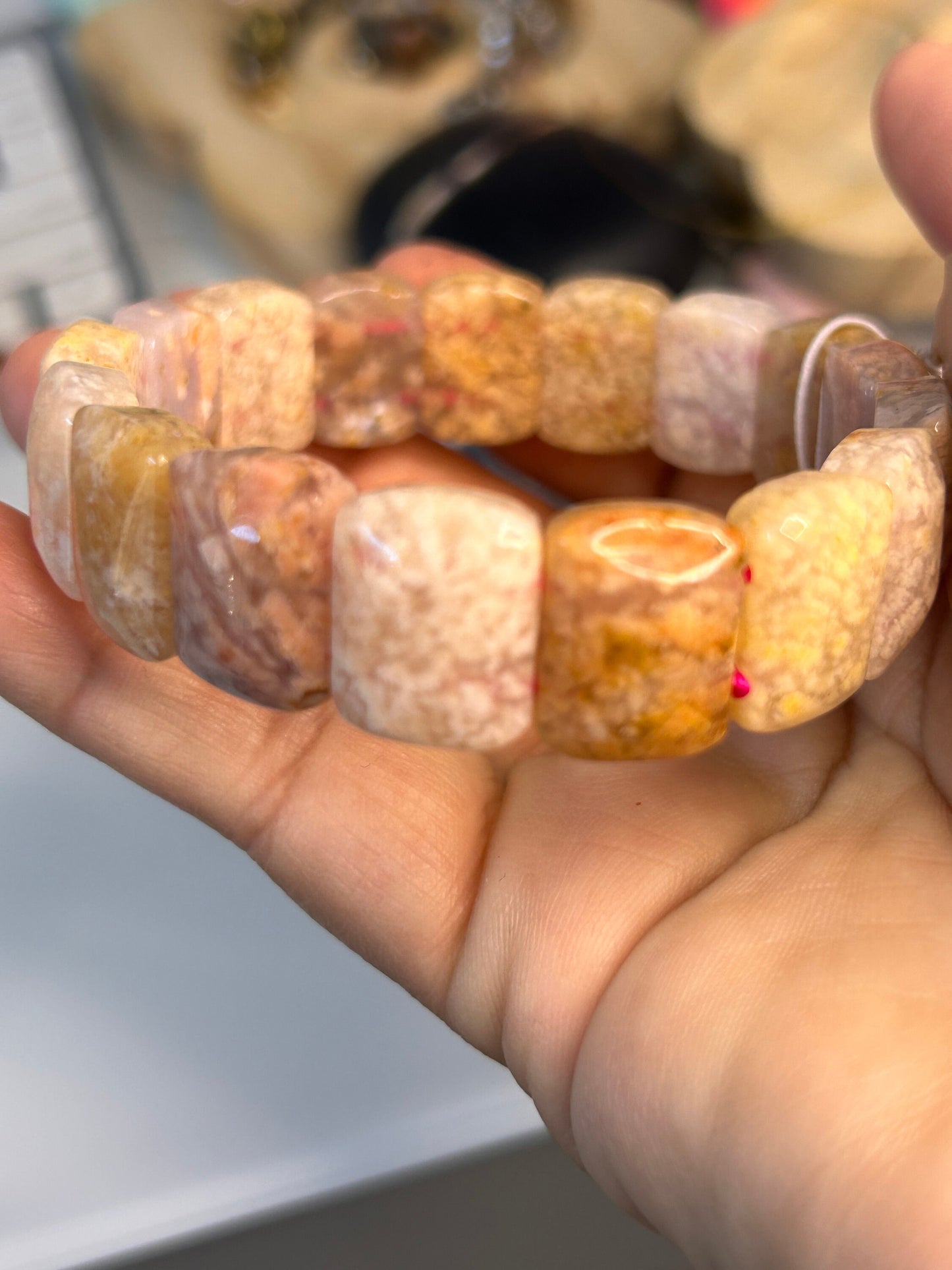 18cm Natural Fossil Coral Jade Soft Bangle | Natural Square Coral Jade Bracelet | Natural Ocean Coral Bangle | Stretchy Bangle, Gift for Her