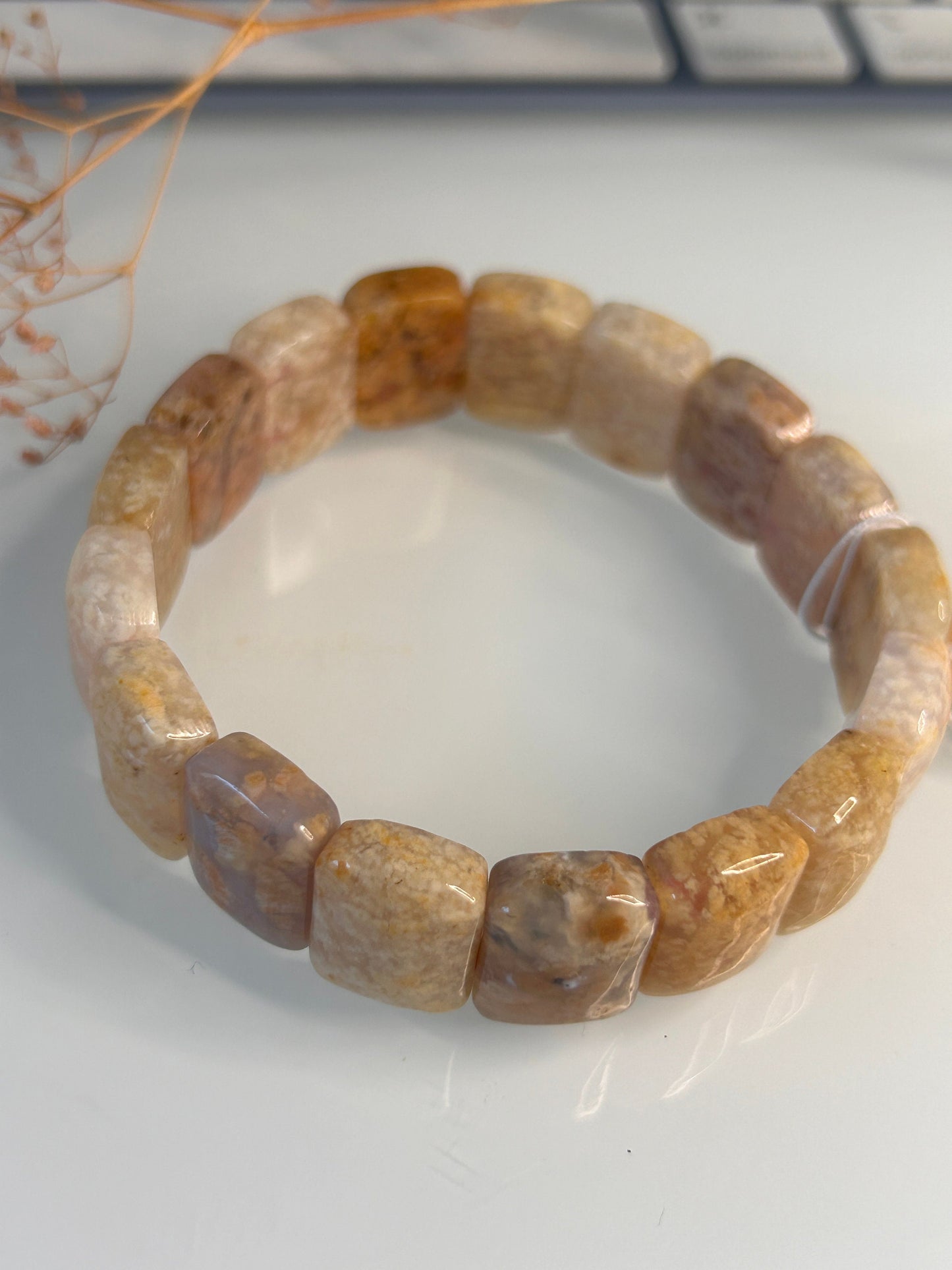18cm Natural Fossil Coral Jade Soft Bangle | Natural Square Coral Jade Bracelet | Natural Ocean Coral Bangle | Stretchy Bangle, Gift for Her