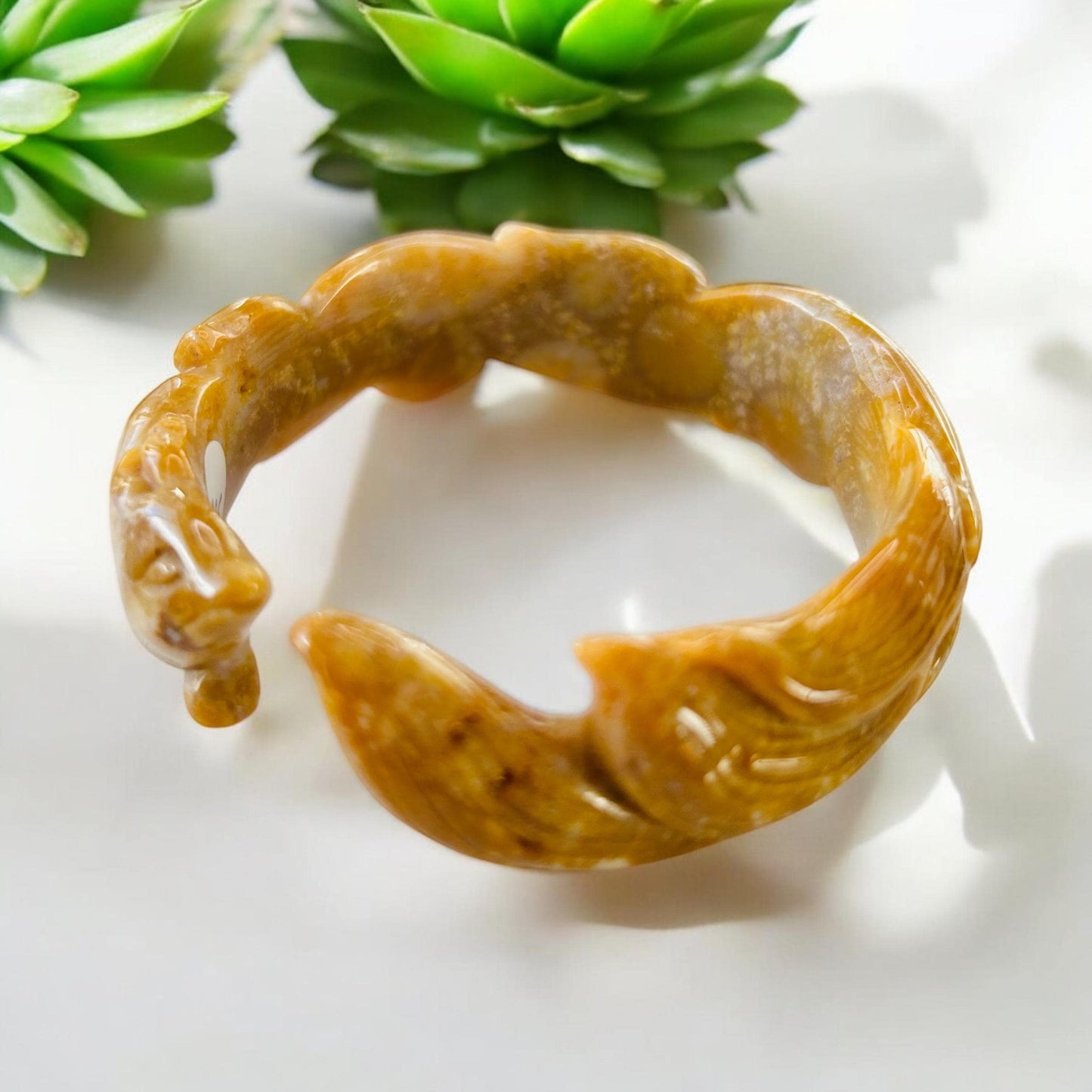 Nine Tail Fox Jade Bangle - Small 56.8mm Fossil Coral Crystal Bracelet | Soluna Gems