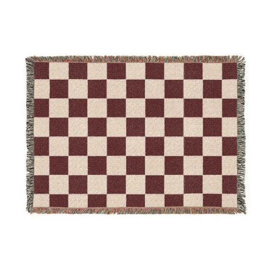 Luxury Checkerboard Woven Blanket | Deep Burgundy & Soft Beige Cotton Throw with Fringe