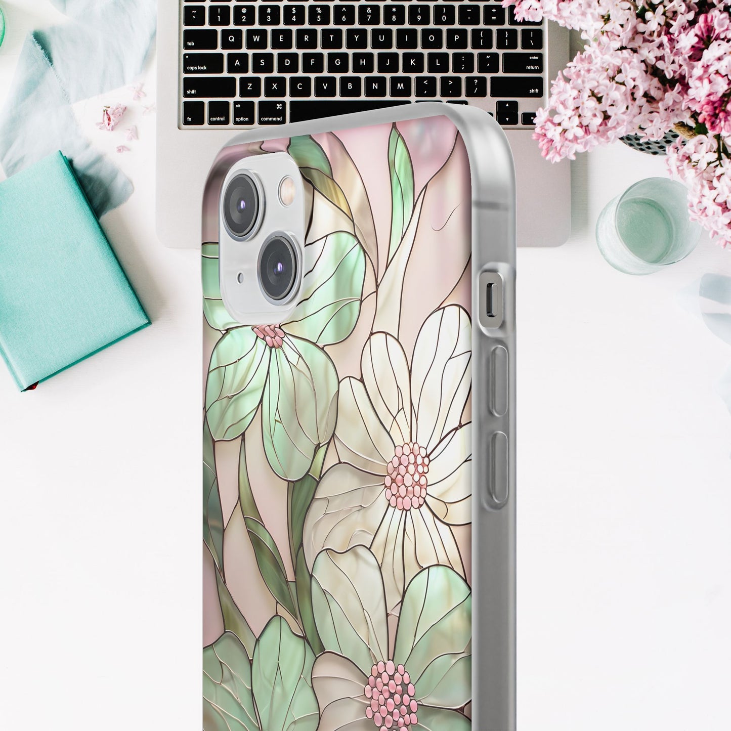 Flexi Cases, Phone Cover with Mosaic Flower in Pink and light green, Floral Phone Case, Flexible Phone Case, Flower Pattern Phone Cover,