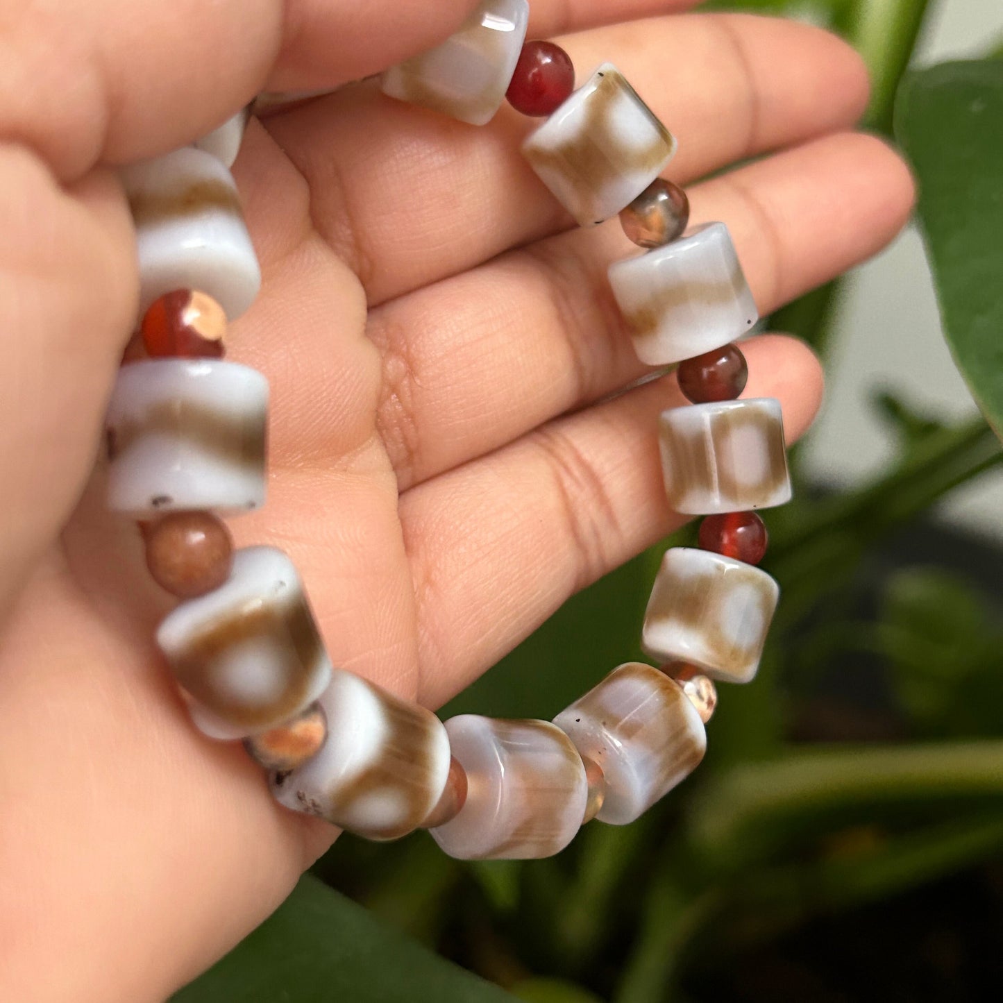 10mm White, Brown Natural Tibetan Style Dzi Agate with Carnelian Bead Gemstone Cylinder Beads | Three Eye Dzi Bead Prosperity Bead 16cm size