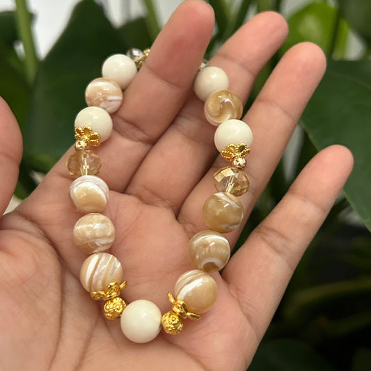 Handmade Mother of Pearl and Ivory Jade Bracelet - 10mm Natural Crystal Beads - Healing Jewelry - Perfect Gift for Her - Spiritual Balance