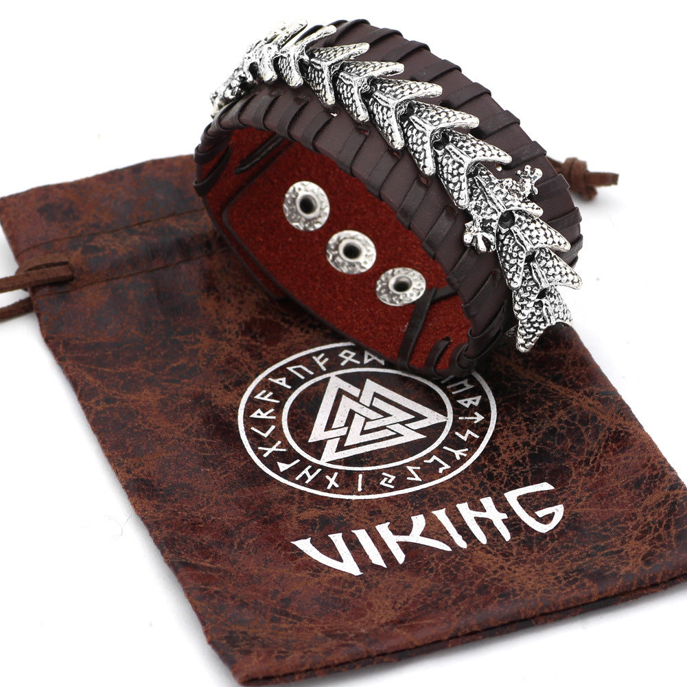 Viking Dragon Leather Bracelet – Stainless Steel Dragon Centerpiece on Thick Hand-Stitched Leather Cuff