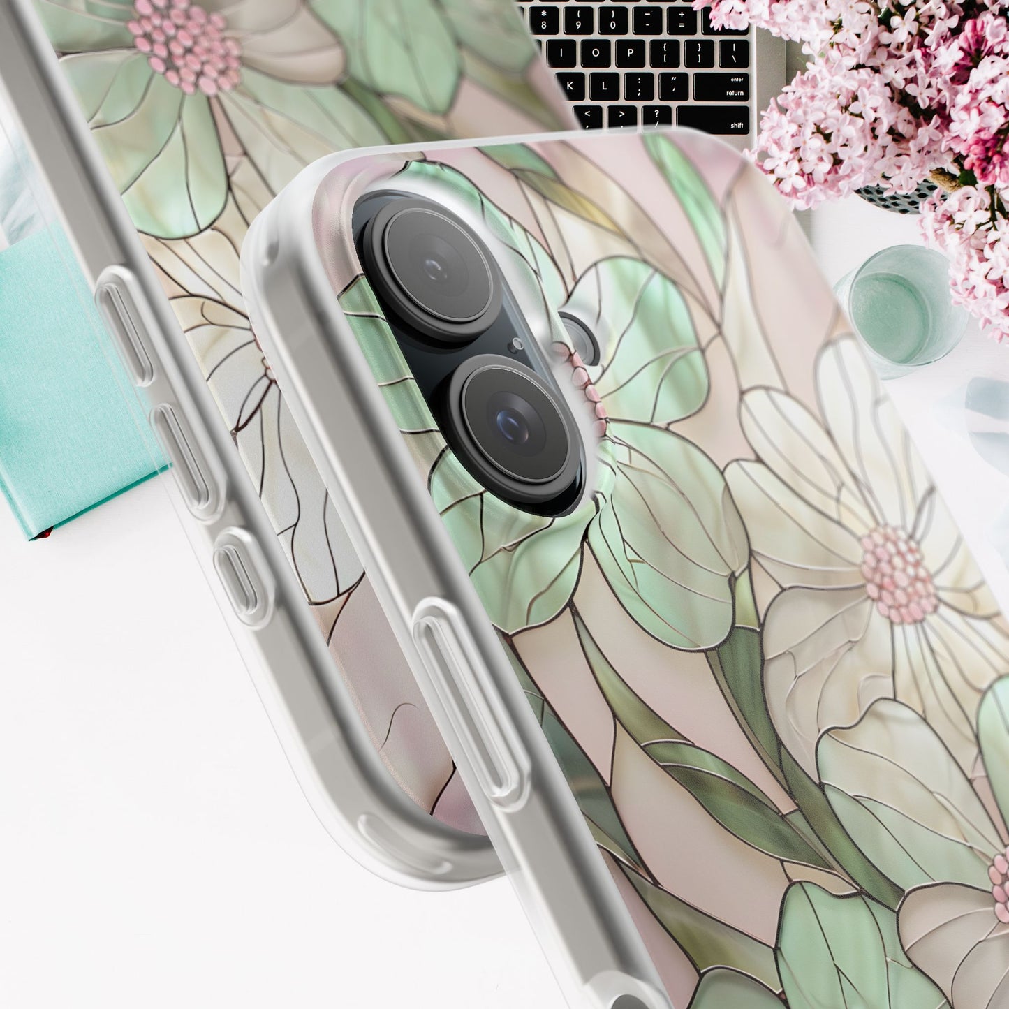 Flexi Cases, Phone Cover with Mosaic Flower in Pink and light green, Floral Phone Case, Flexible Phone Case, Flower Pattern Phone Cover,