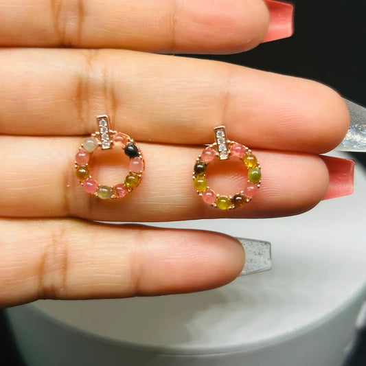 Rainbow Tourmaline Circle Earrings - Natural Gemstone Harmony Earrings