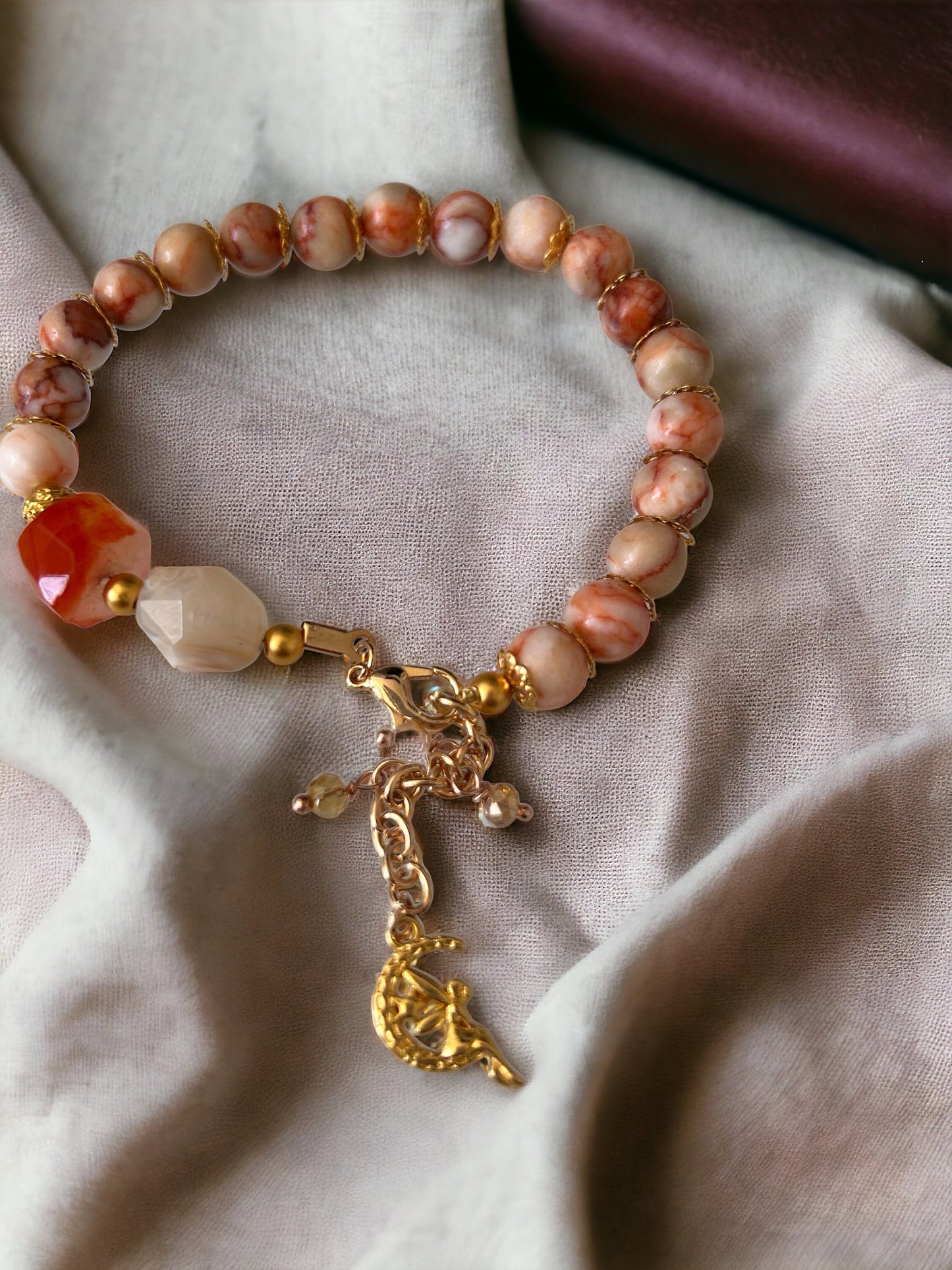 18CM Red Network Jasper - Pink Flower Agate - Forte Gemstone Beads - Orange and white marbled 8mm - Lurex Cord Bracelet - Crystal Bracelet