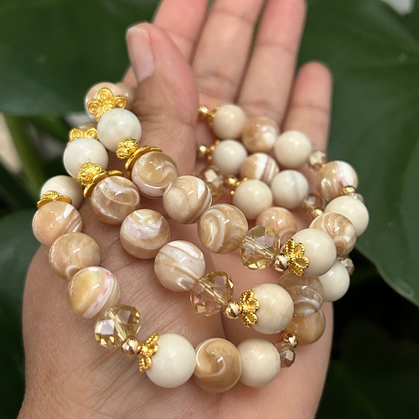 Handmade Mother of Pearl and Ivory Jade Bracelet - 10mm Natural Crystal Beads - Healing Jewelry - Perfect Gift for Her - Spiritual Balance