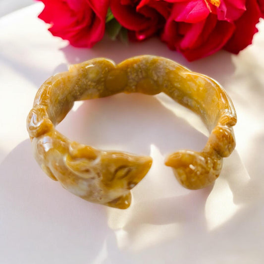 Nine Tail Fox Jade Bangle - Small 56.8mm Fossil Coral Crystal Bracelet | Soluna Gems