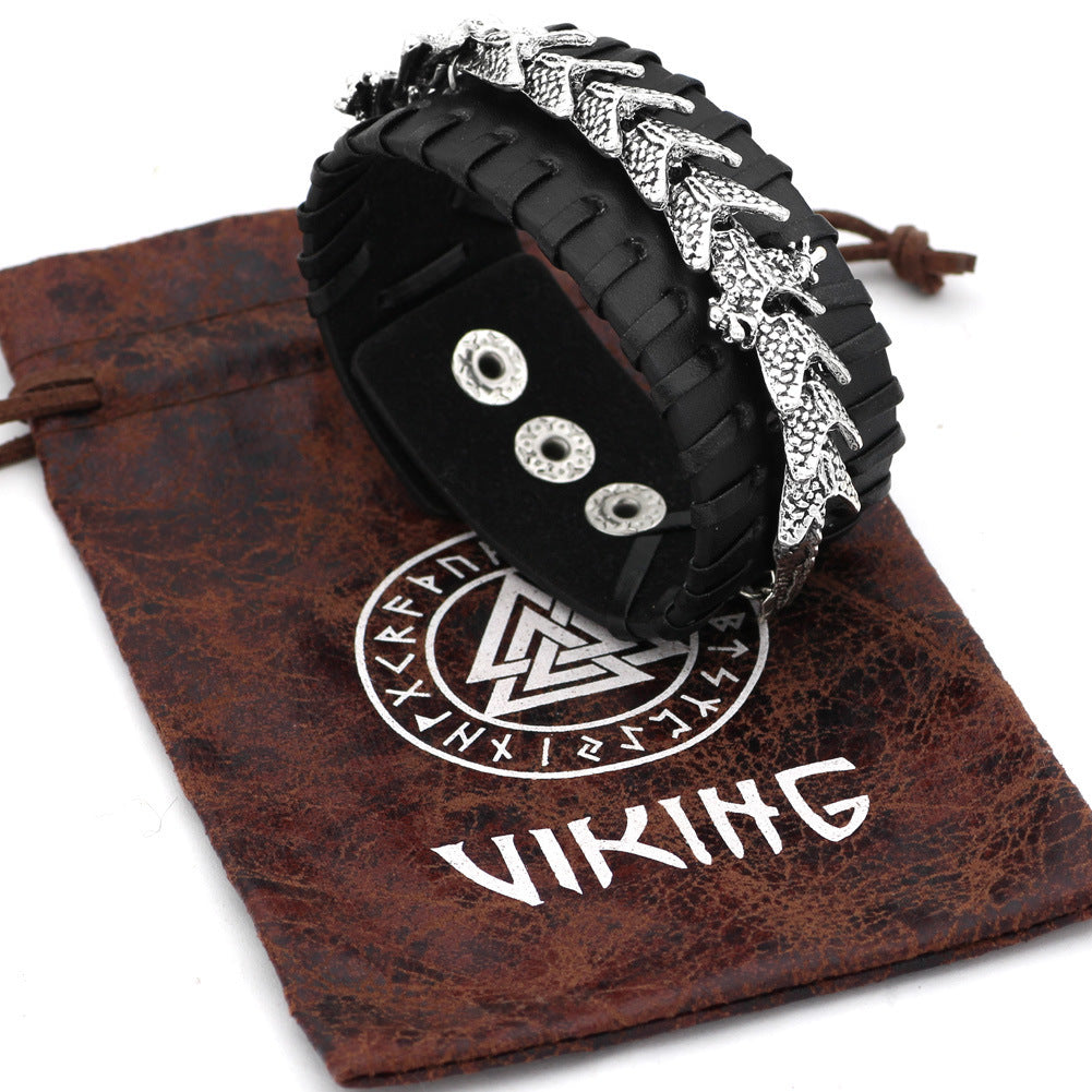 Viking Dragon Leather Bracelet – Stainless Steel Dragon Centerpiece on Thick Hand-Stitched Leather Cuff