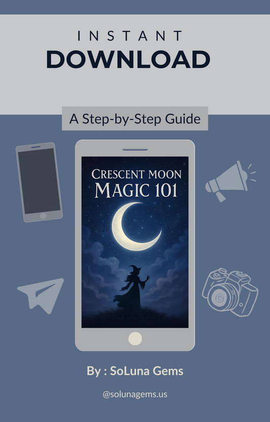 Digital guide titled 'Crescent Moon Magic 101' on a smartphone screen with a blue gradient background.