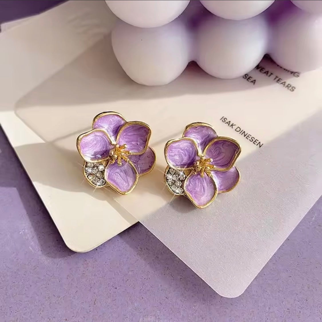 Purple Enamel Flower Stud Earrings, Gold Tone Floral Studs with Crystal Accent
