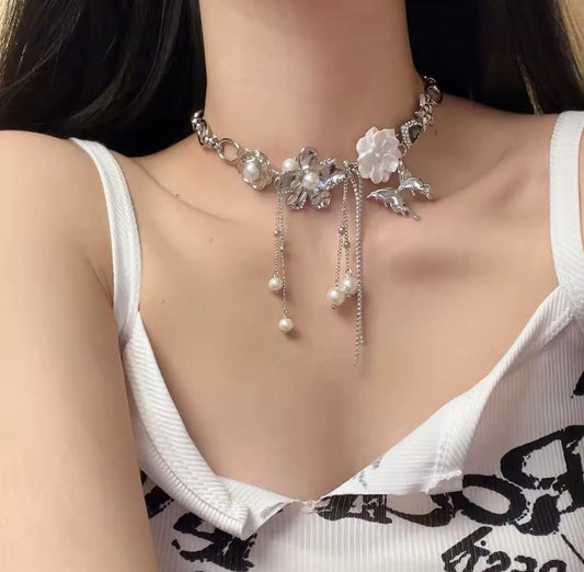 Pearl Blossom Silver Charm Choker Necklace