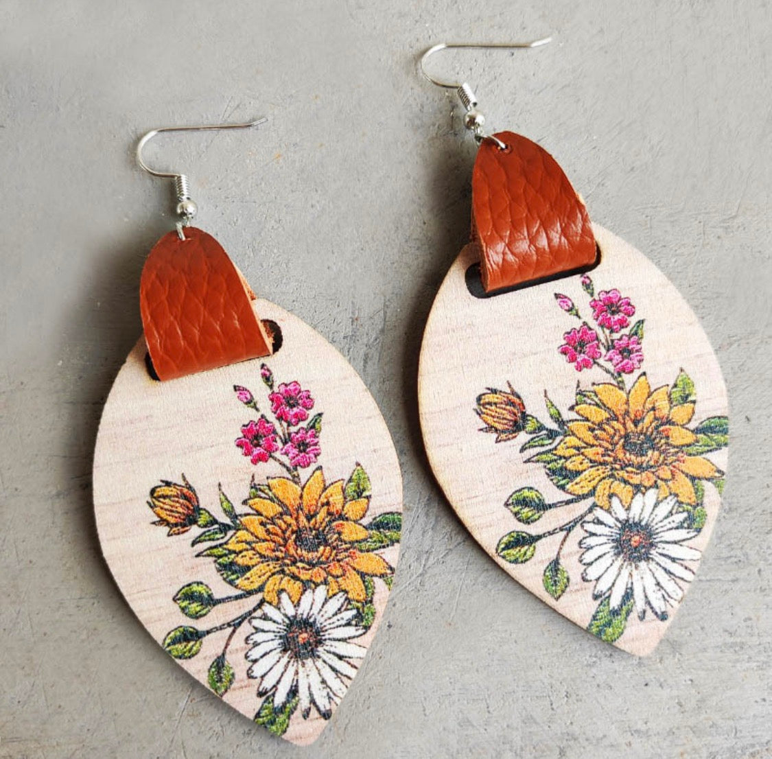 Floral Wood & Leather Dangle Earrings