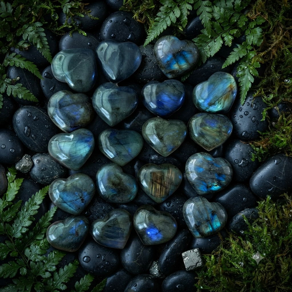 Labradorite Heart Crystal Flashy Blue Green Palm Stone | 31mm–37mm | Intuition & Protection Stone