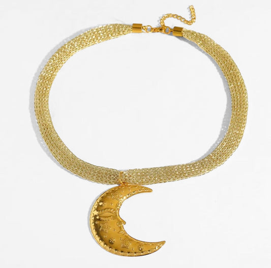 Golden Solstice Celestial Necklace - Sun & Moon Pendant Statement Choker