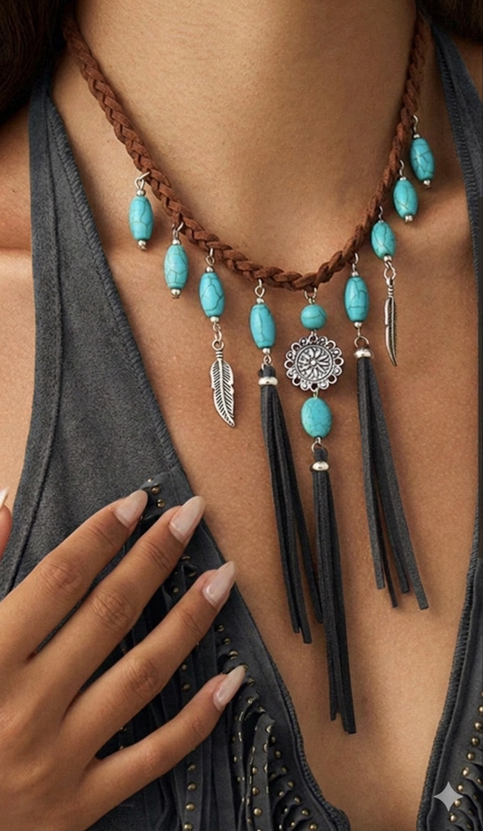 Turquoise Leather Fringe Necklace