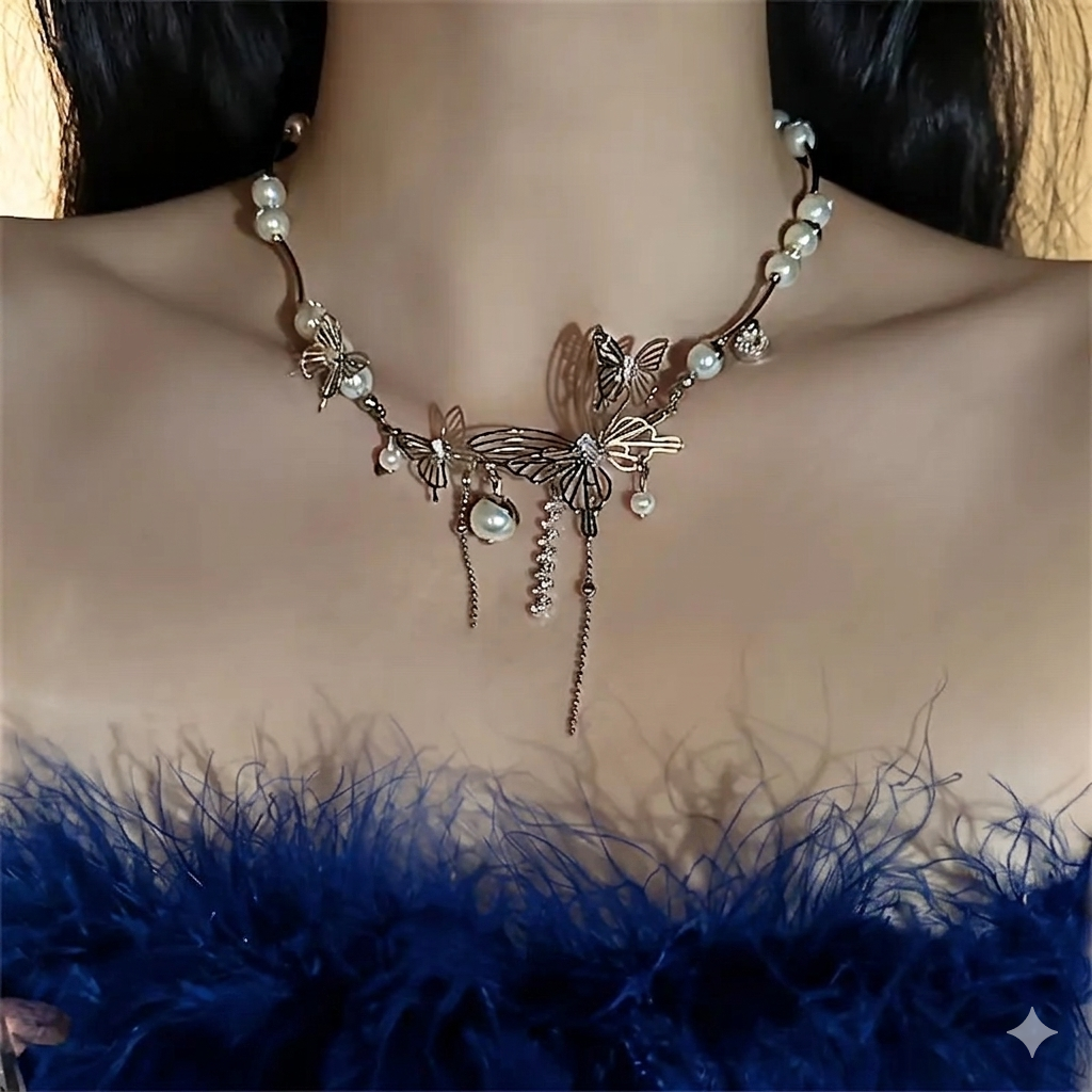 Celestial Butterfly Pearl Choker Necklace
