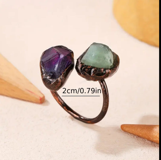Raw Fluorite & Amethyst Copper Ring – Adjustable Crystal Statement Piece