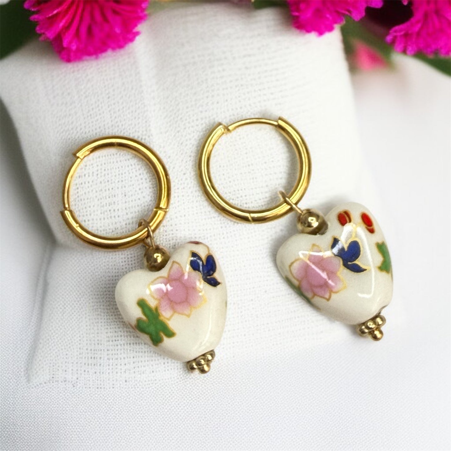Porcelain Heart Earrings – Blue Floral Ceramic Dangles on Gold Hoops