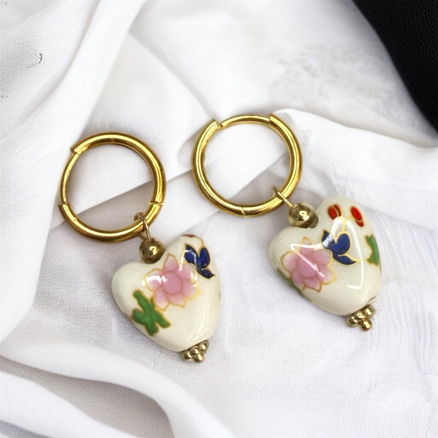 Porcelain Heart Earrings – Blue Floral Ceramic Dangles on Gold Hoops