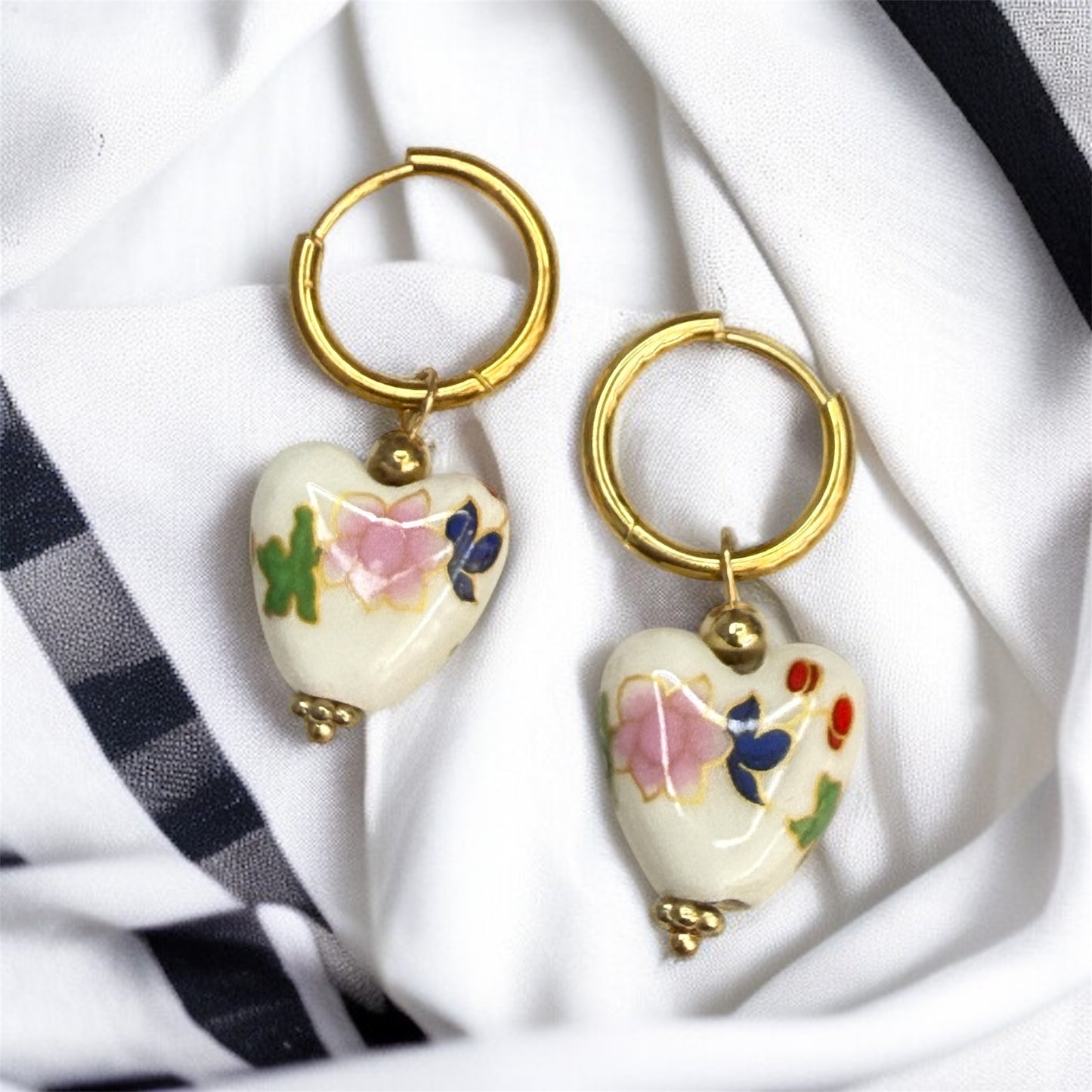 Porcelain Heart Earrings – Blue Floral Ceramic Dangles on Gold Hoops