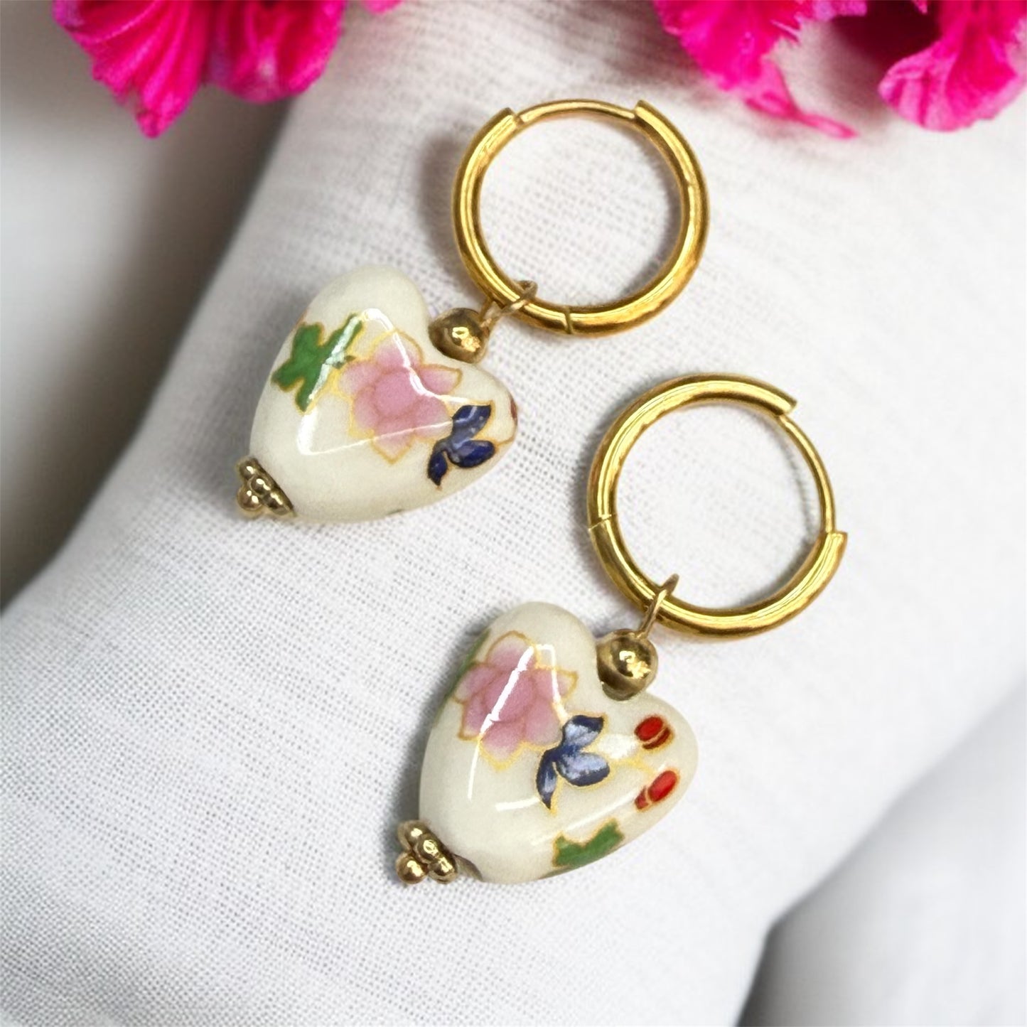 Porcelain Heart Earrings – Blue Floral Ceramic Dangles on Gold Hoops