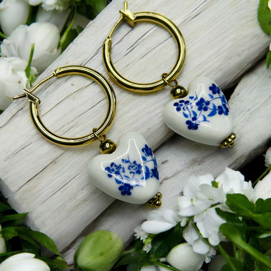 Porcelain Heart Earrings – Blue Floral Ceramic Dangles on Gold Hoops