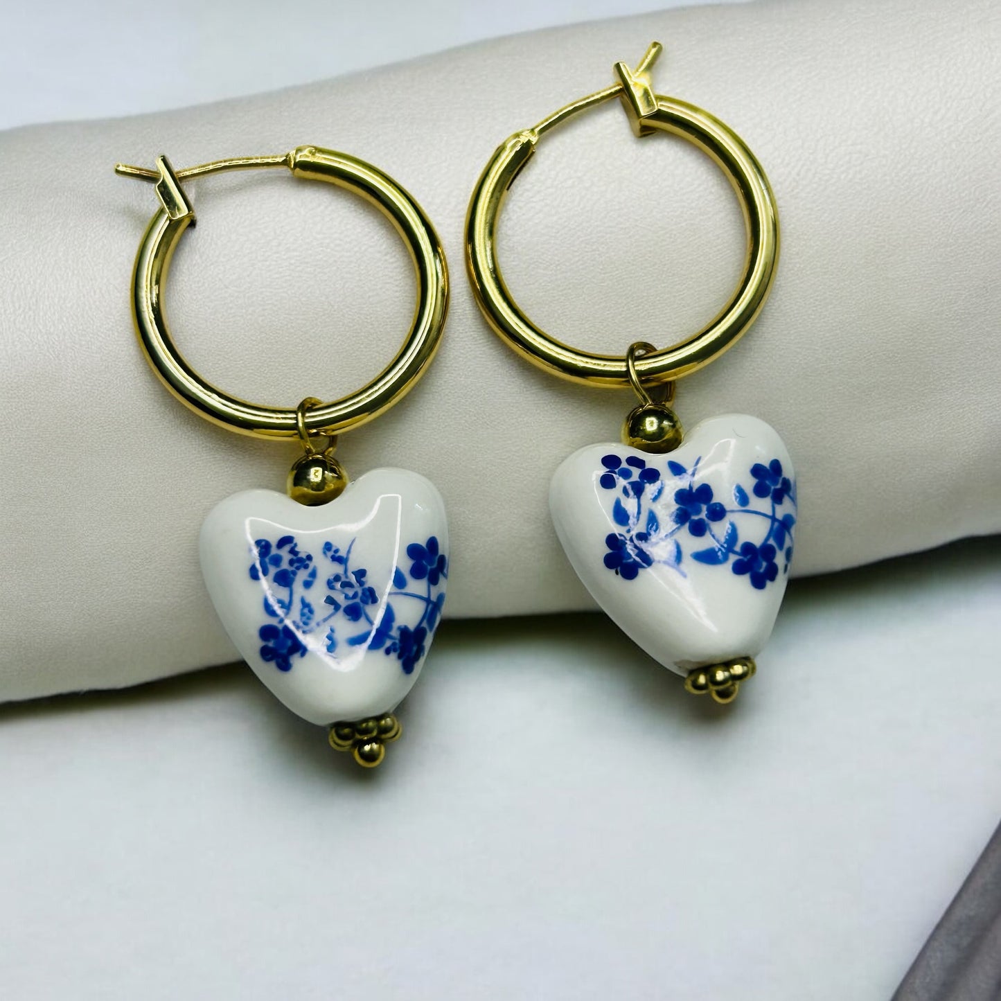 Porcelain Heart Earrings – Blue Floral Ceramic Dangles on Gold Hoops