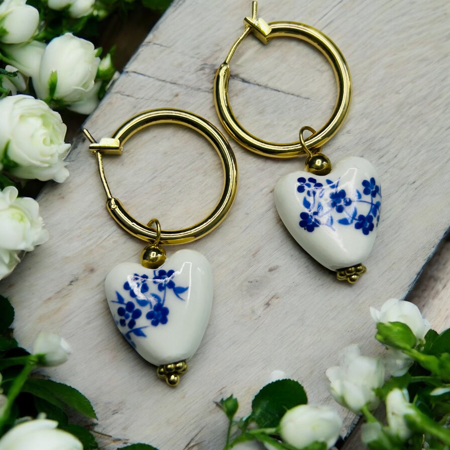 Porcelain Heart Earrings – Blue Floral Ceramic Dangles on Gold Hoops