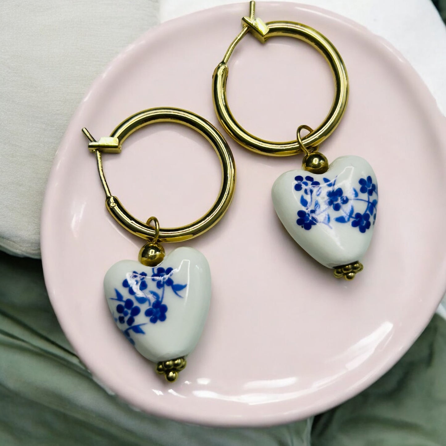 Porcelain Heart Earrings – Blue Floral Ceramic Dangles on Gold Hoops