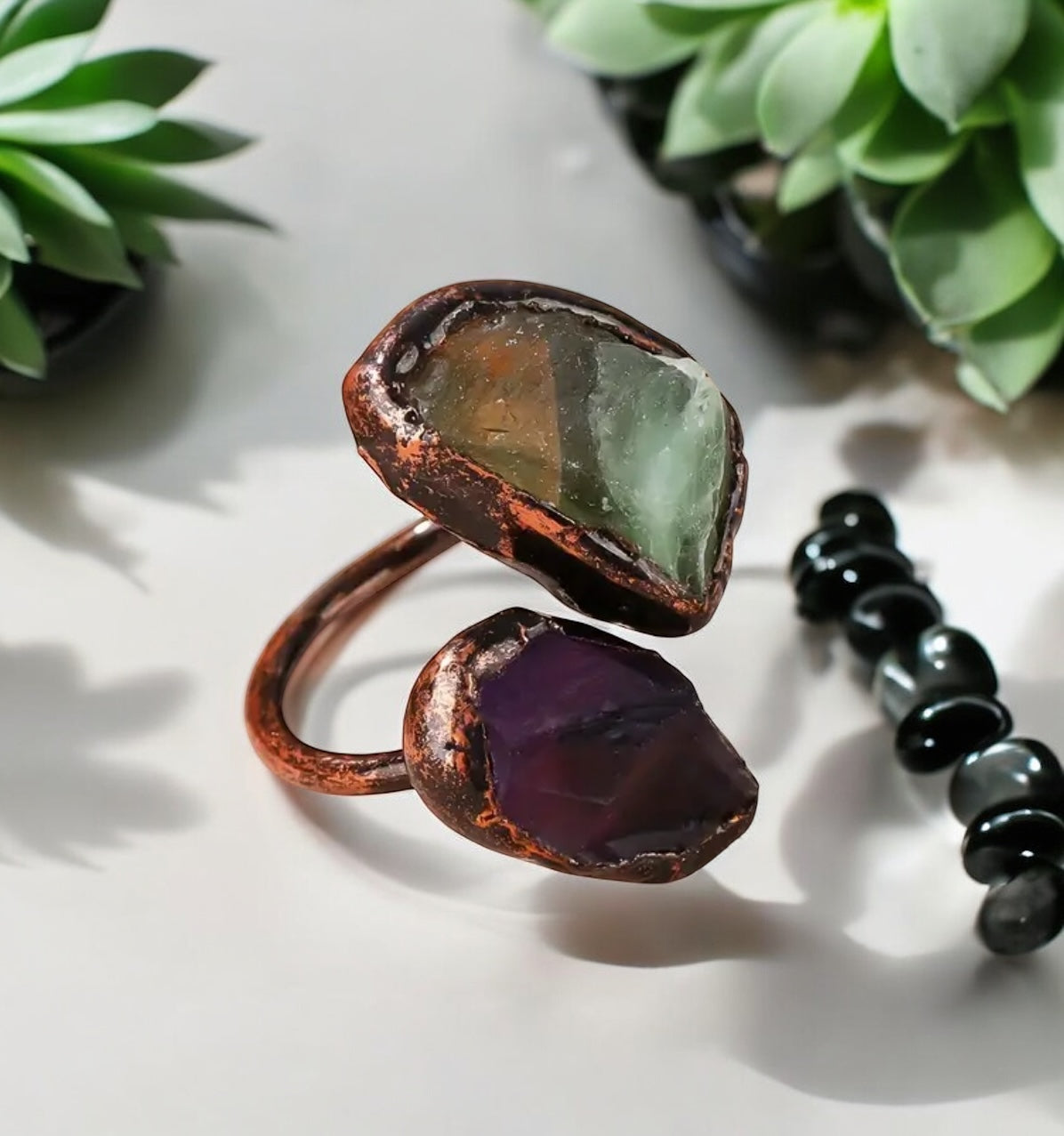 Raw Fluorite & Amethyst Copper Ring – Adjustable Crystal Statement Piece
