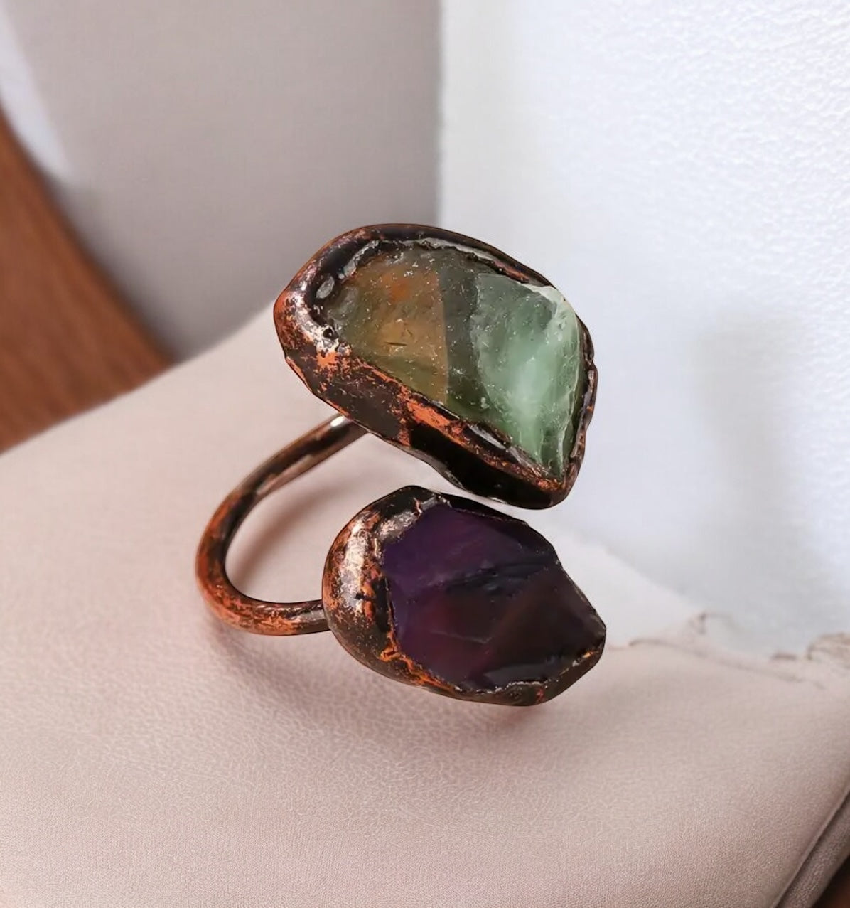 Raw Fluorite & Amethyst Copper Ring – Adjustable Crystal Statement Piece