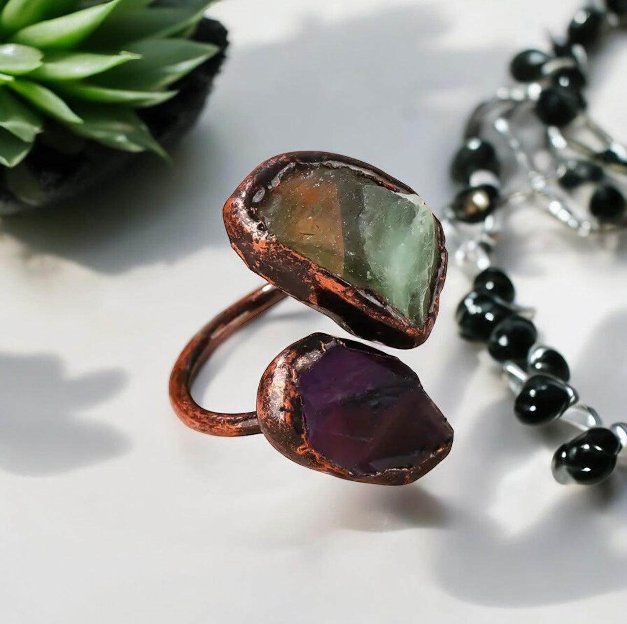 Raw Fluorite & Amethyst Copper Ring – Adjustable Crystal Statement Piece