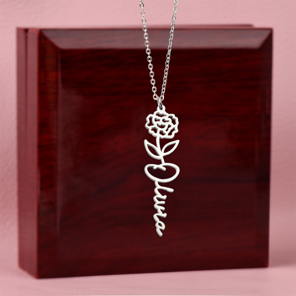 Personalized Birth Flower Name Necklace – Custom Engraved Jewelry with Your Birth Month Flower