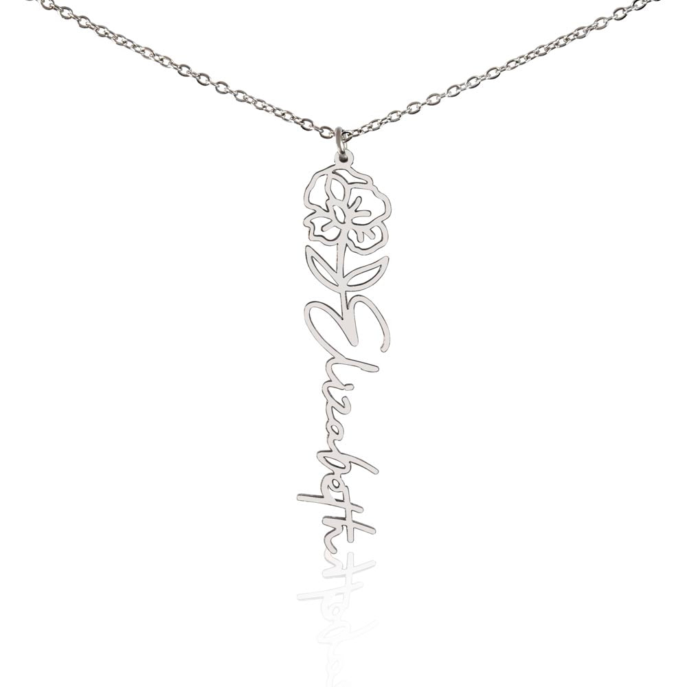Personalized Birth Flower Name Necklace – Custom Engraved Jewelry with Your Birth Month Flower