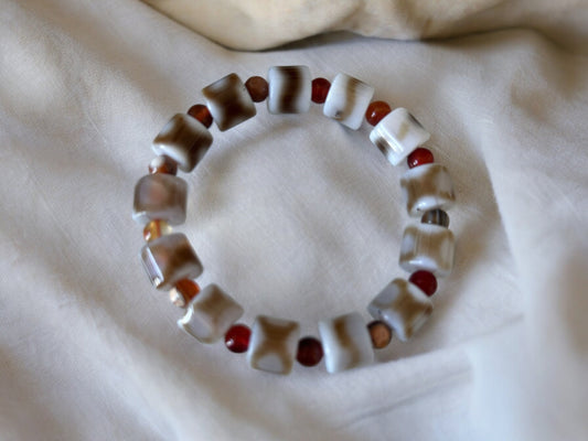 10mm White, Brown Natural Tibetan Style Dzi Agate with Carnelian Bead Gemstone Cylinder Beads | Three Eye Dzi Bead Prosperity Bead 16cm size