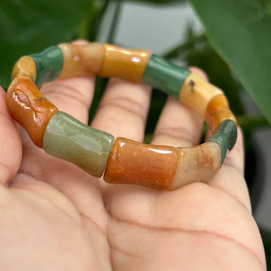 Multi Color Aventurine Jade Bangle Gemstone Men & Women Stretch Bracelet Balance Healing fit 17CM Double Drill Bamboo Pillow Shape Beads